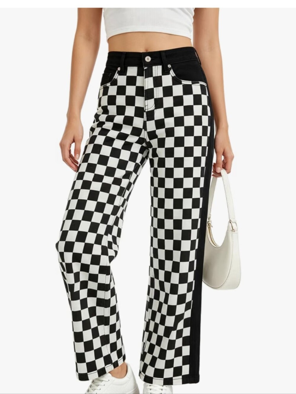 Checkerboard High-Rise Wide Leg Pants - Black & White